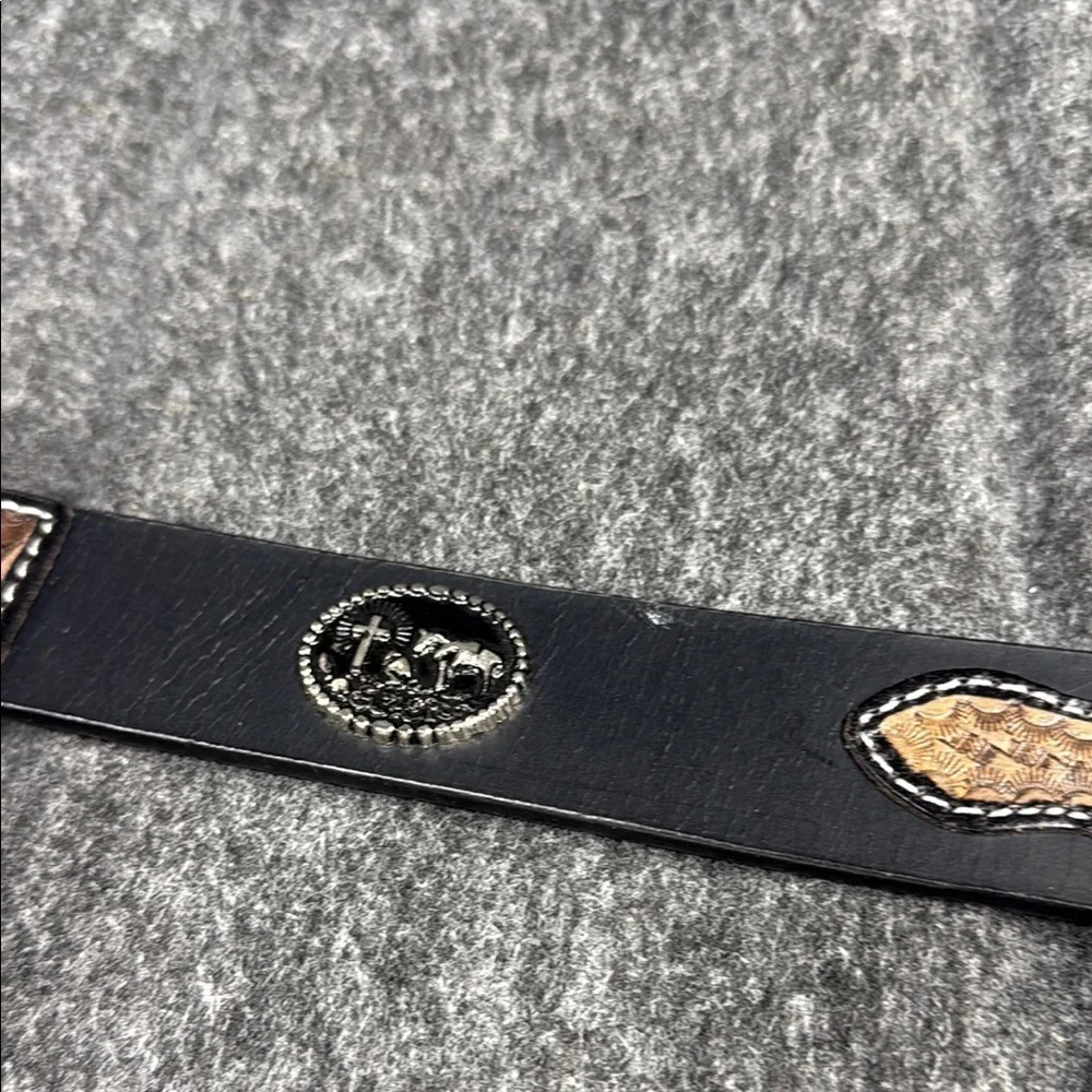 Black and Tan Woven Leather Belt with Silver Buckle